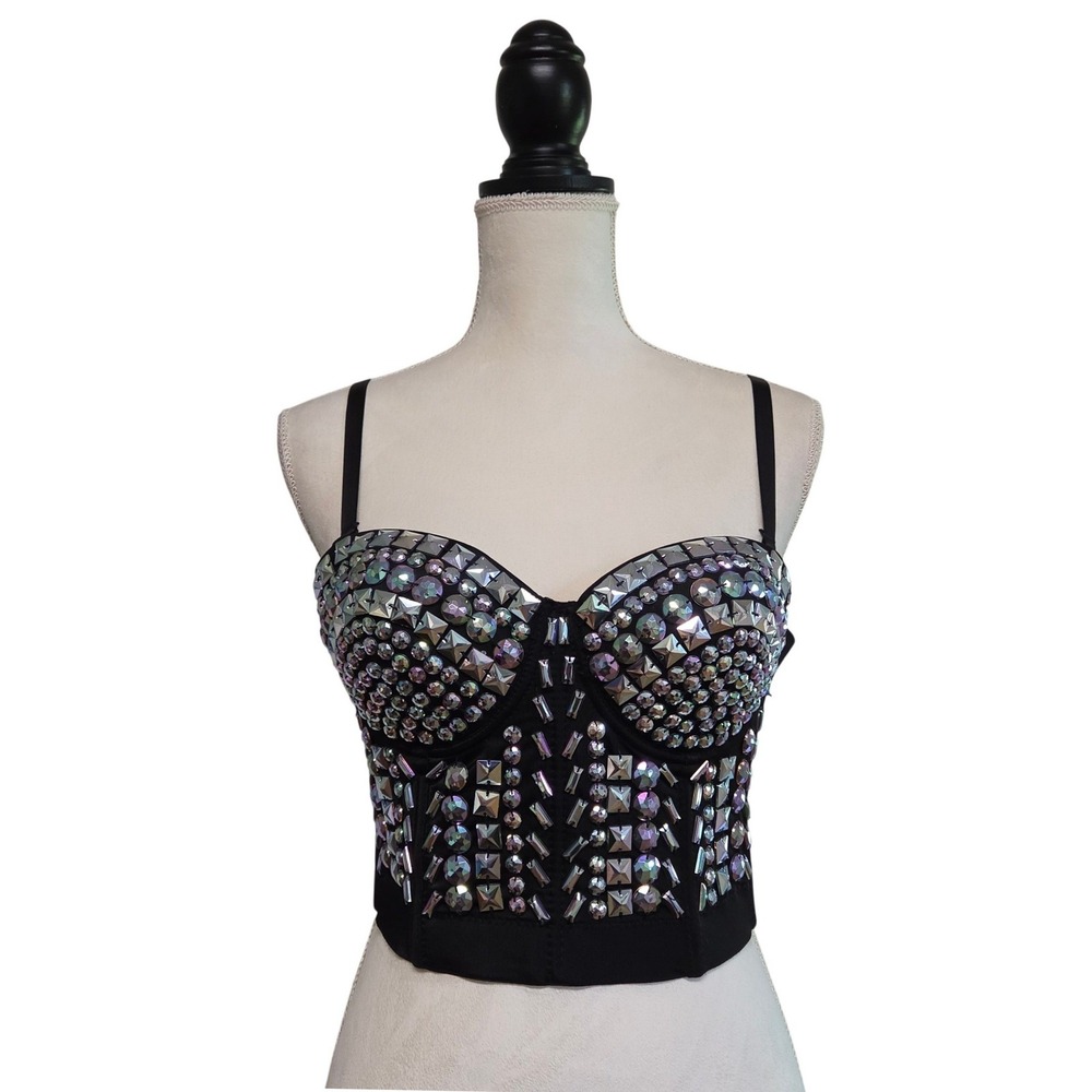 Lydia USA Black Studded Rhinestone Bustier Corset Crop Top Size L Glam Rave Club